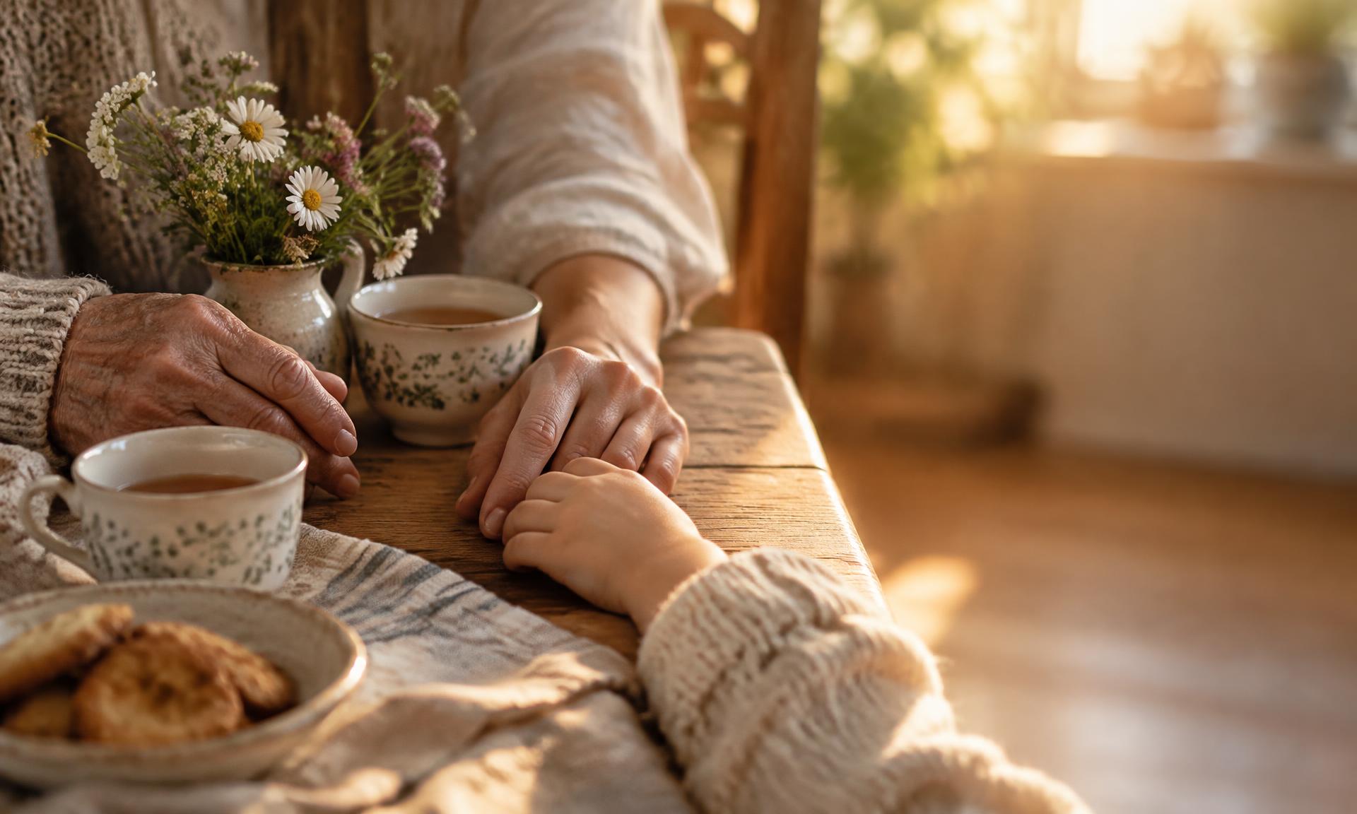 Illustrative hands of three generations resting together at a warm kitchen table, no faces shown, not a customer or live household.